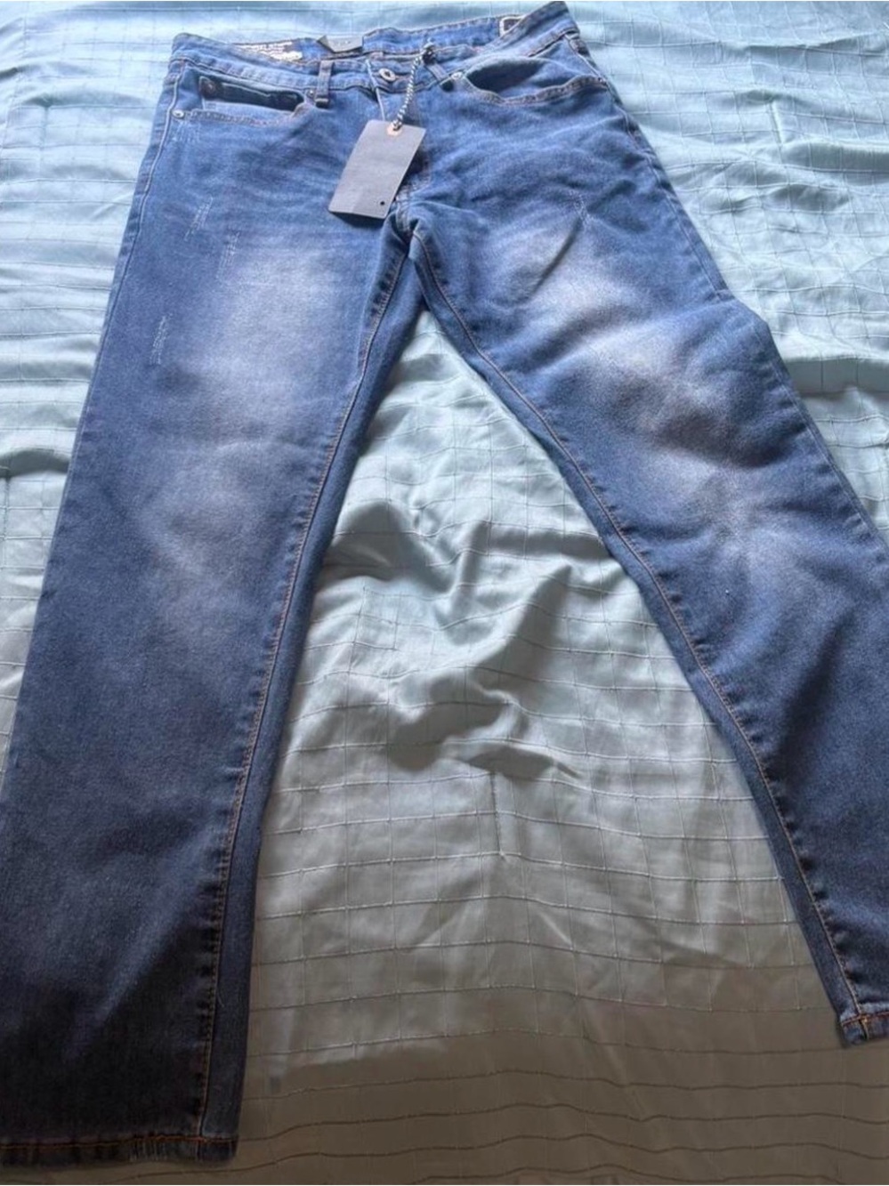 AMONGST OTHERS Light Blue Denim Jeans with Brown Leather Patch